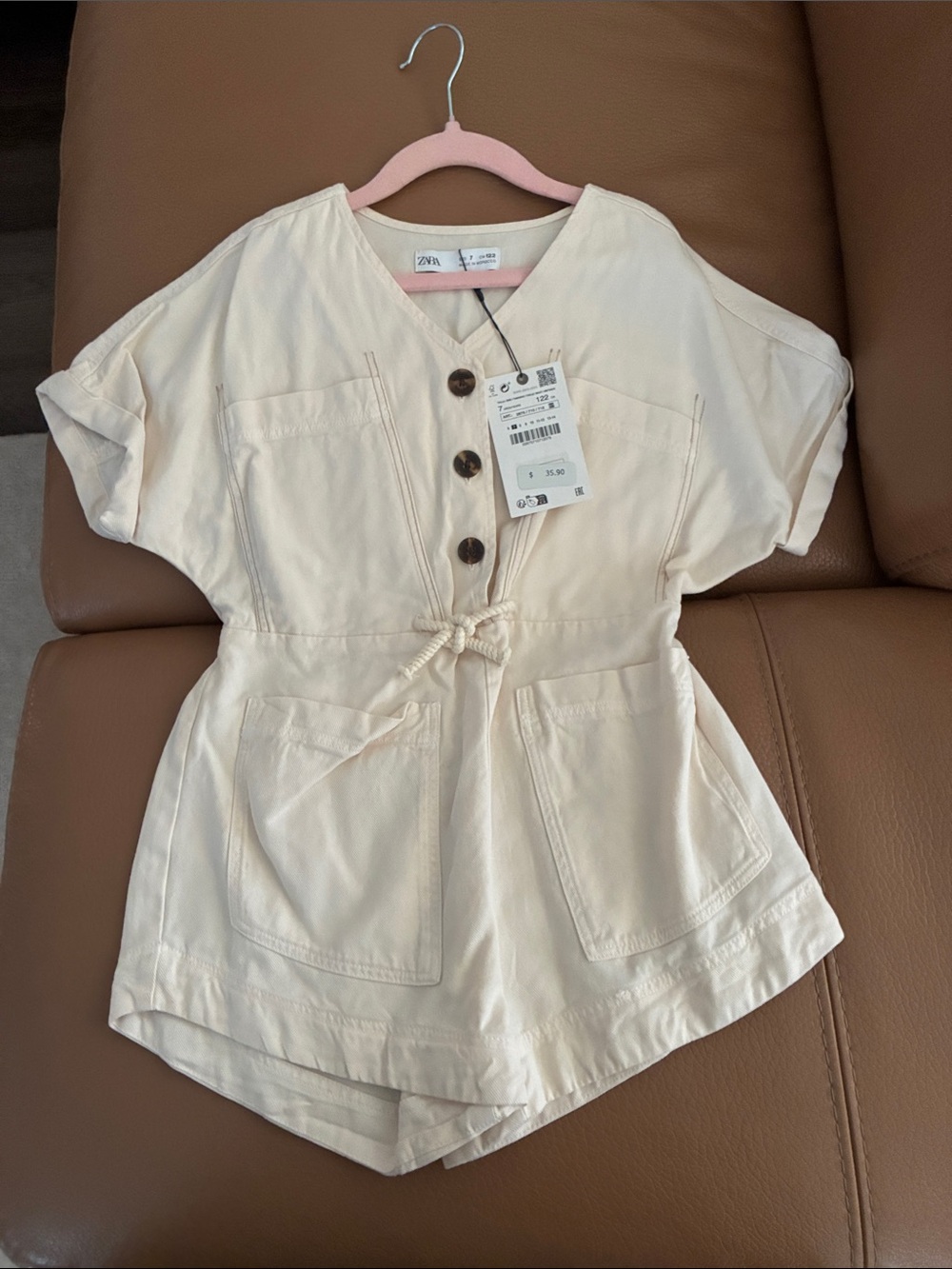 Zara Cream Button-Front Utility Romper with Drawstring Waist new tags size 7